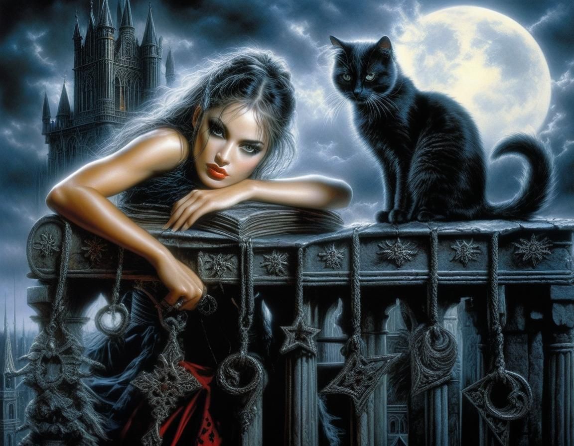 Gothic Woman with Cat: Hyperrealistic Dark Fantasy Portrait