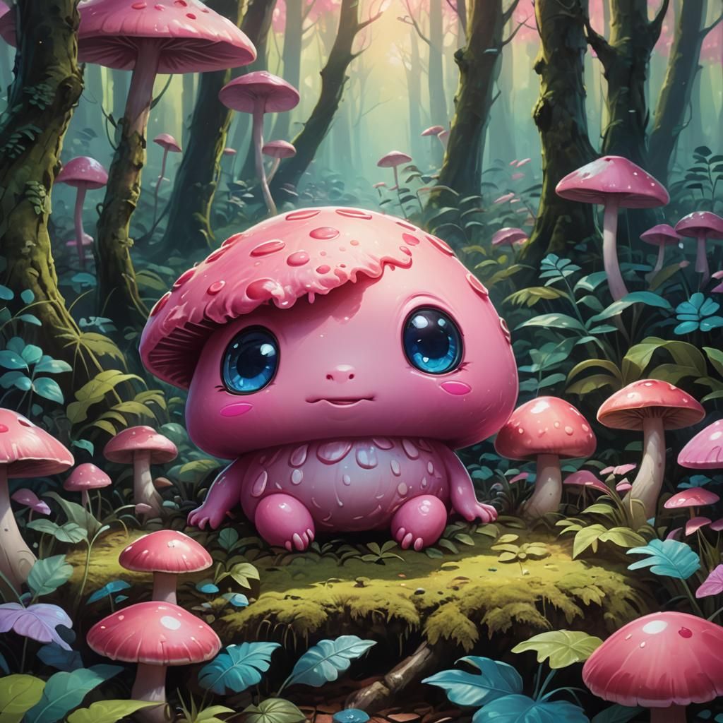 Cute Pink Blob in Whimsical Forest: Fantasy Art