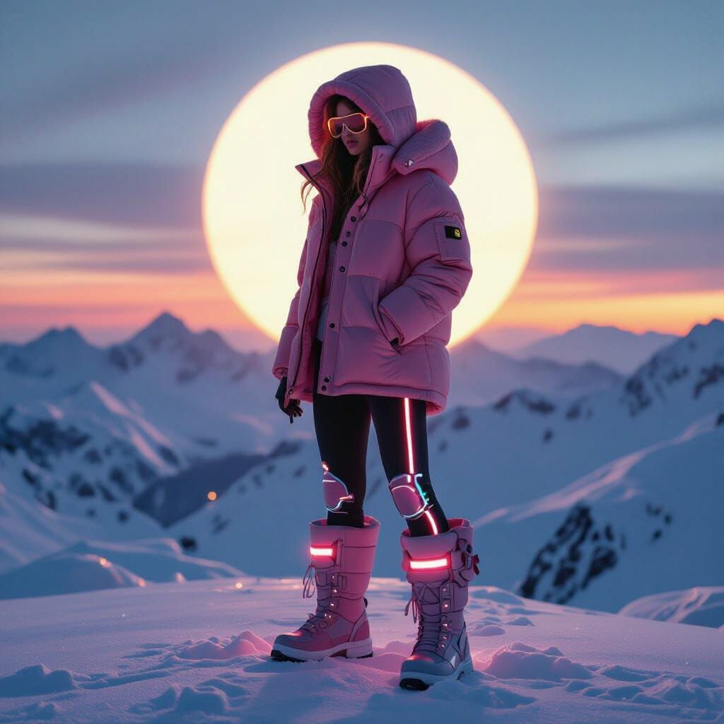 Woman on Snowy Mountaintop in Hyperrealistic Style