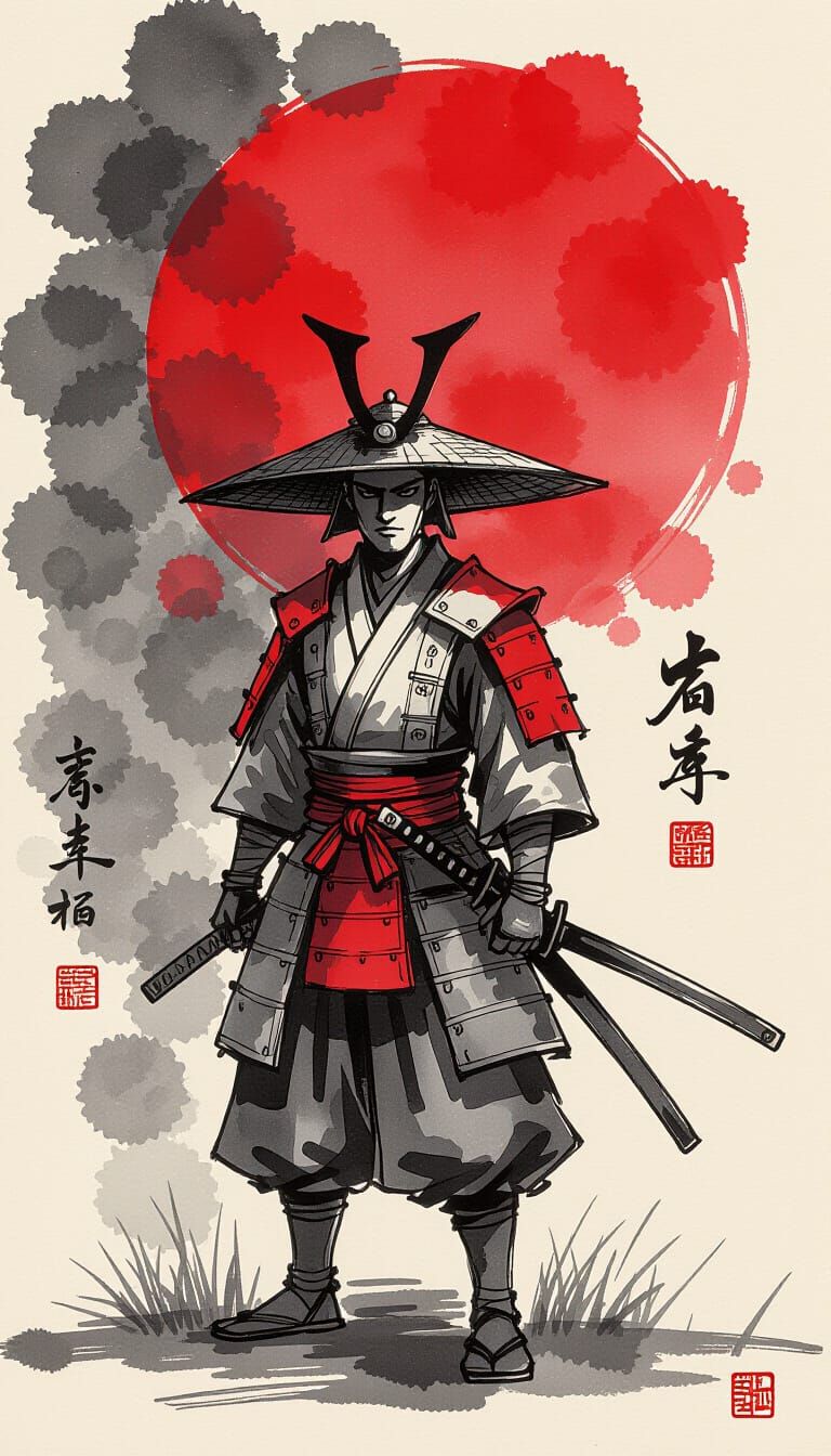 Samurai in Ink Wash Painting Style