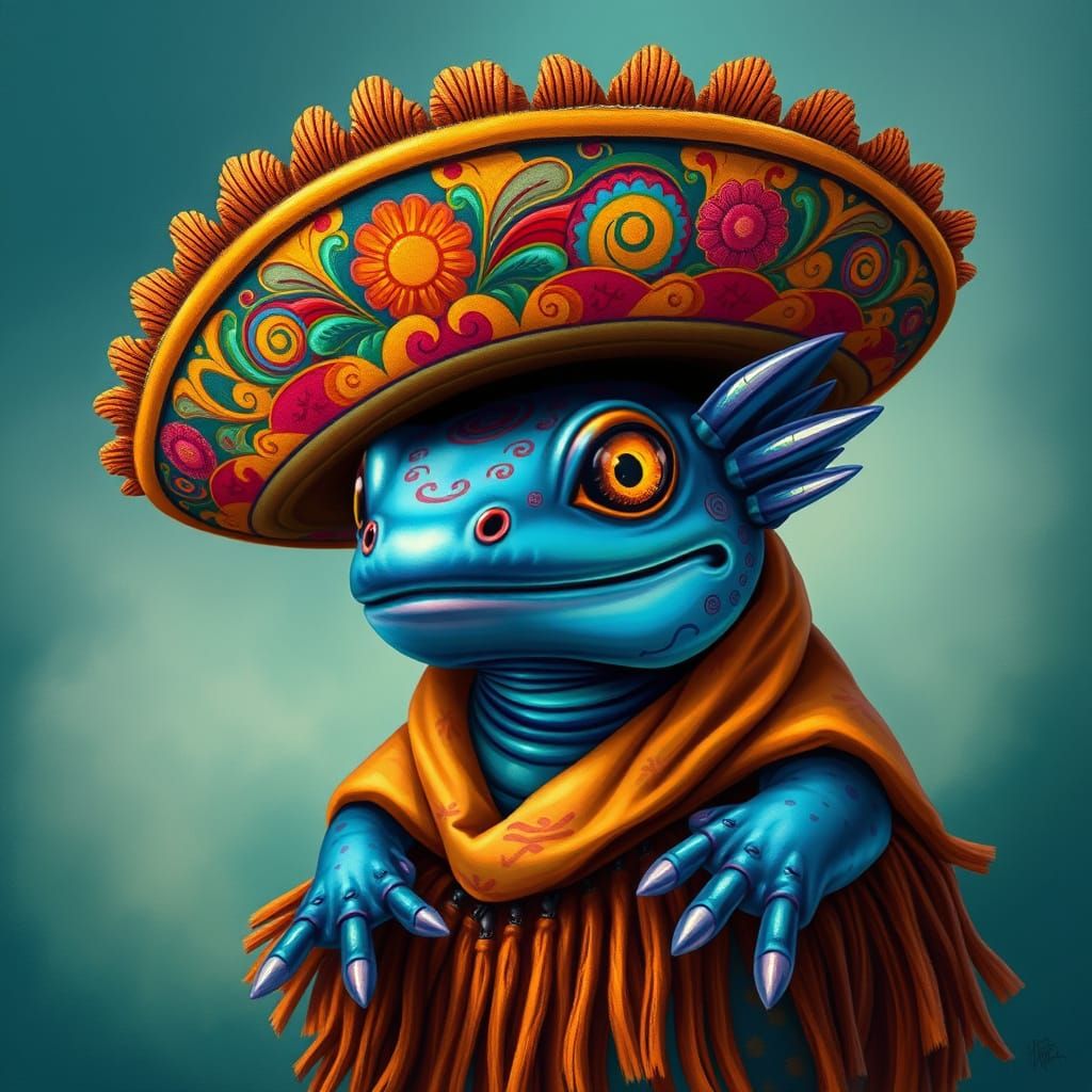 Mexican-Inspired Axolotl Wears Vibrant Sombrero and Poncho