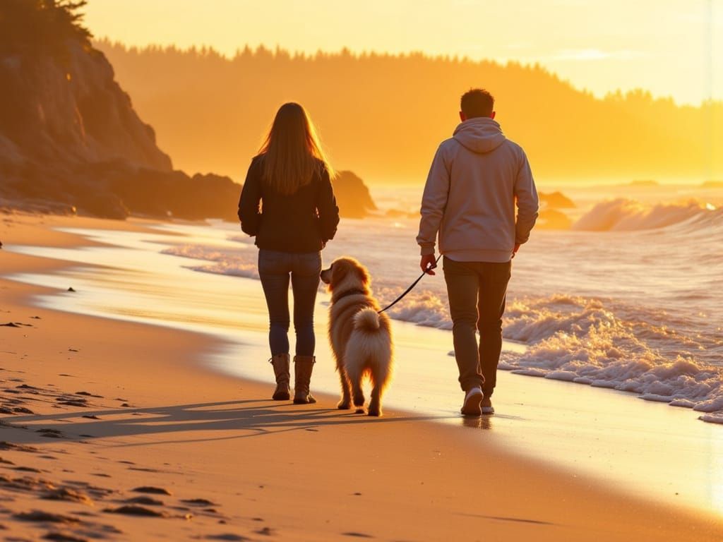 Couple and Golden Retriever Walk on Winter Beach at Golden H...