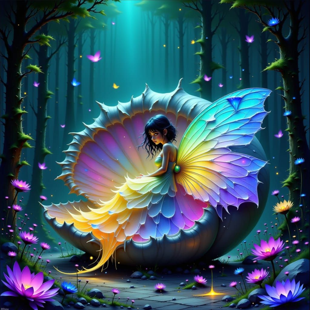 Bioluminescent Fairy on Nautilus Shell, Ethereal Forest