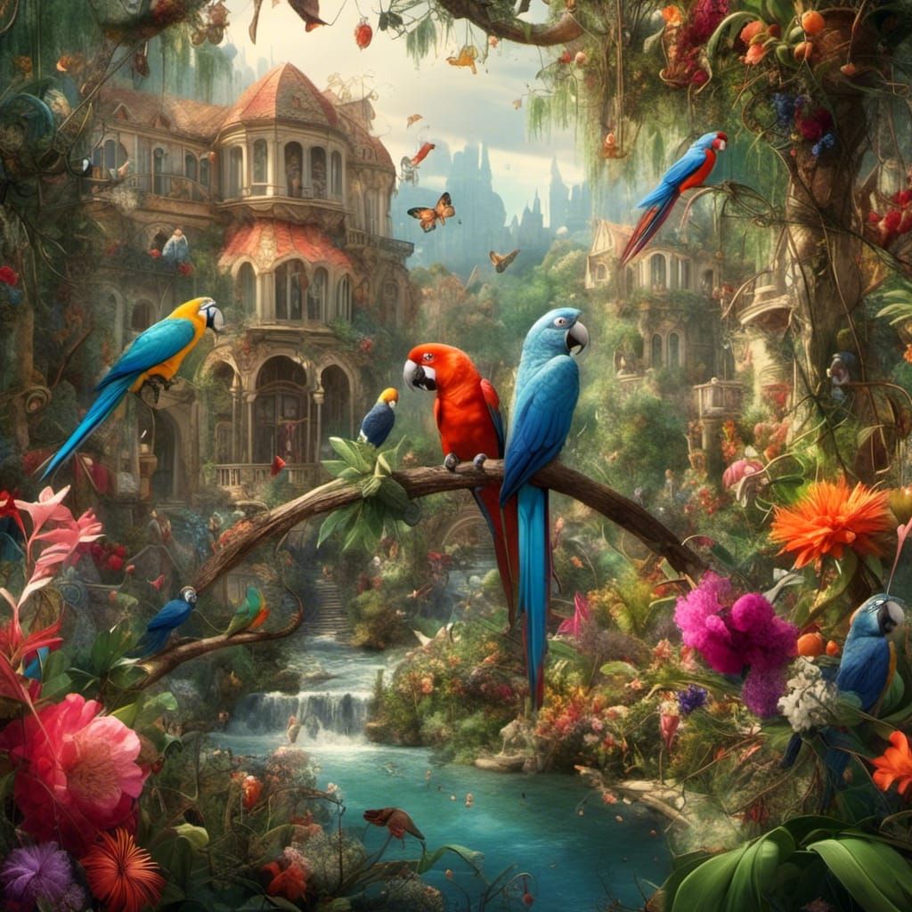 Colorful Parrots in Whimsical Garden Painting