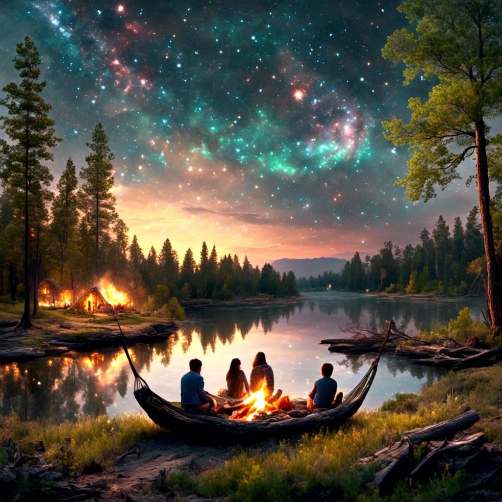 /imagine prompt: Family camp time, mom, dad, son, daughter, beautiful night, stars moon, campfire, smores. there is a ha...
