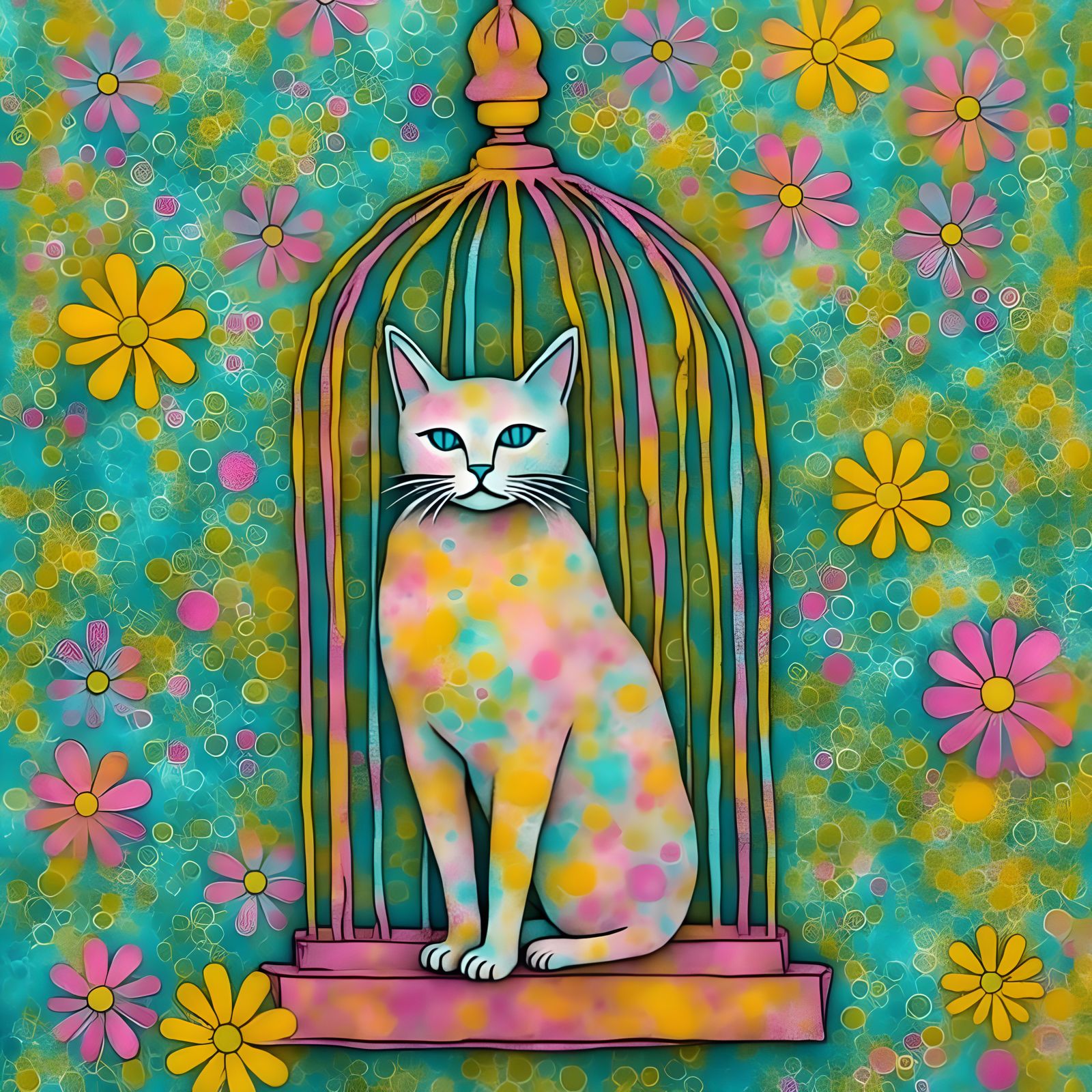 Cat in Birdcage with Delaunay Backdrop