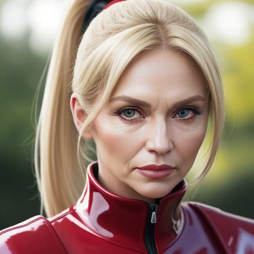 Elegant Woman in Red Latex Dress: High-Fashion Portrait