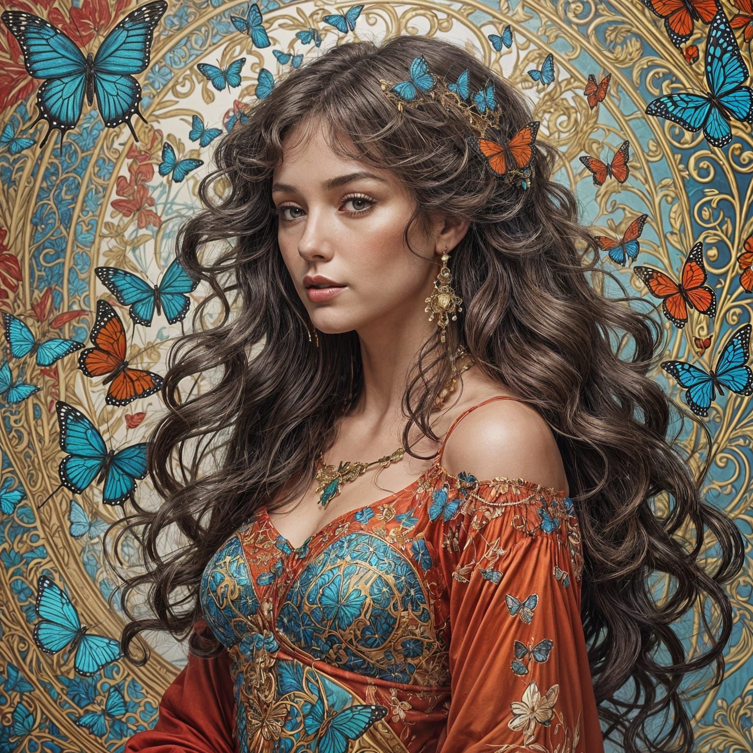 Create a digital illustration of an elegant woman With her long dark curly hair wearing a blue butterflies in her hair, ...