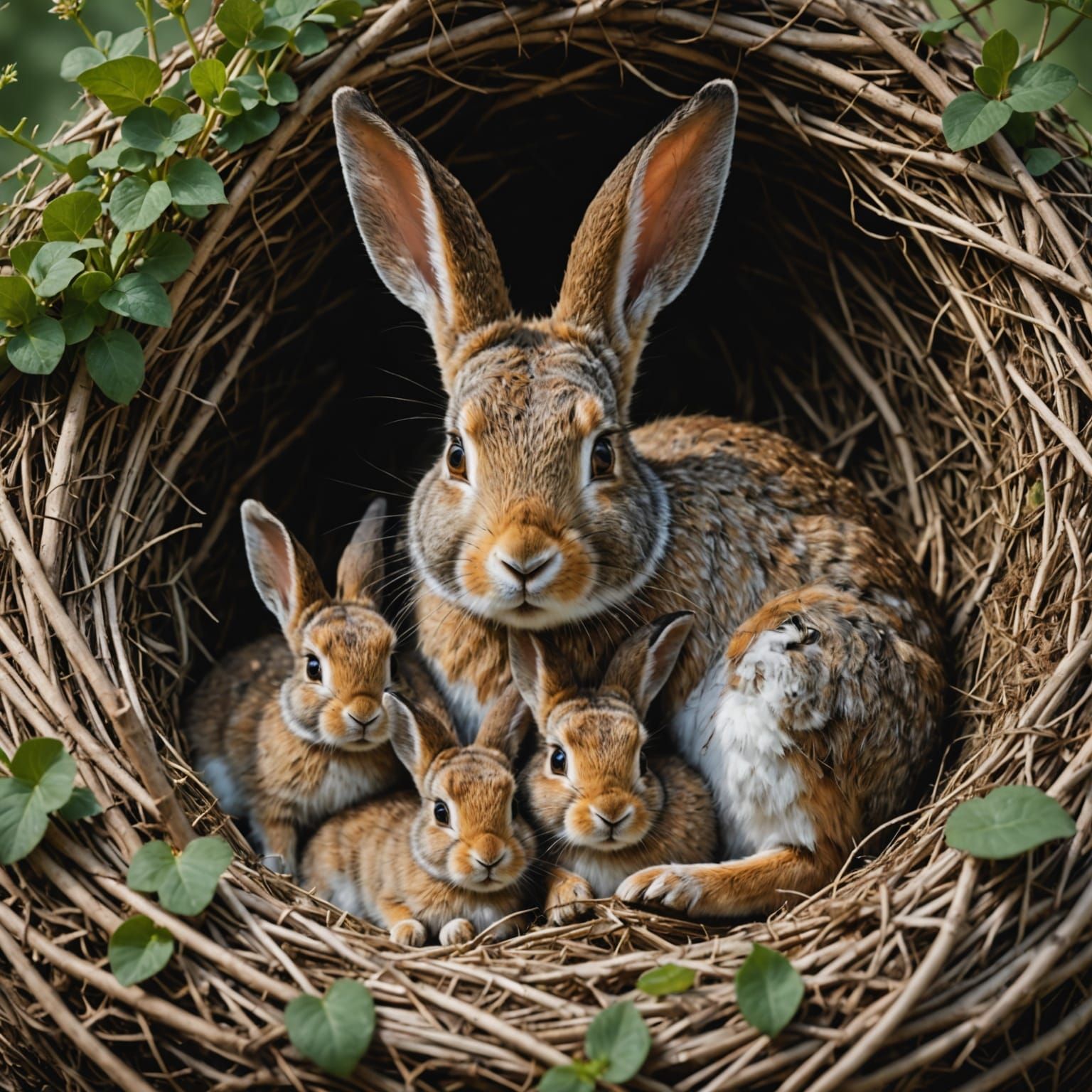 Hyperrealistic Mother Rabbit With Babies Sleeping in Nest