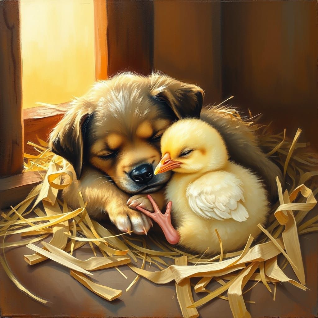 Peaceful Barn Scene with Puppy and Baby Chick