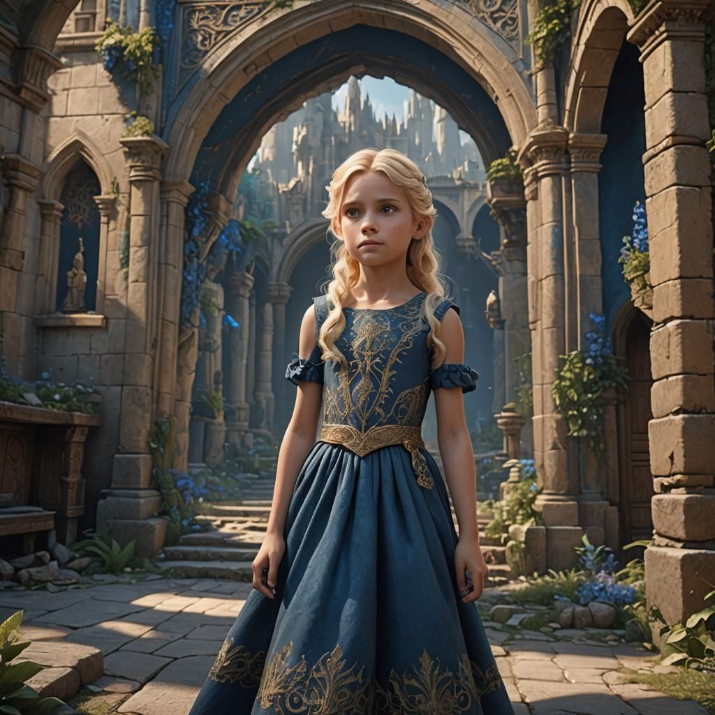 Blonde Girl in Blue Dress: Detailed Fantasy Art