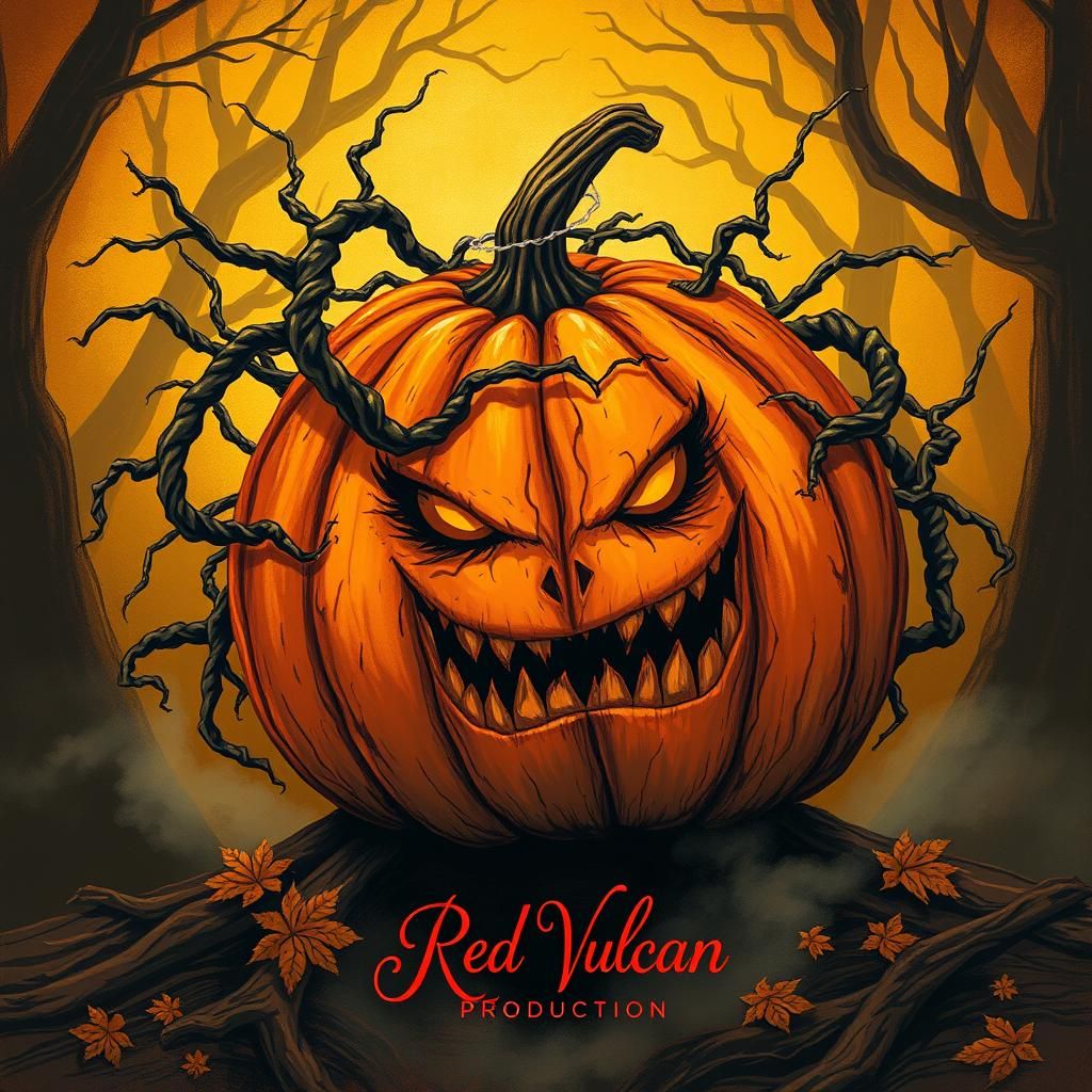 A expressive, enraged pumpkin with twisted, gnarled orange s...