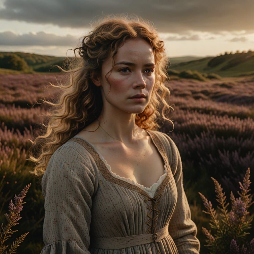 Woman in Scottish Highlands Field, Romantic Style