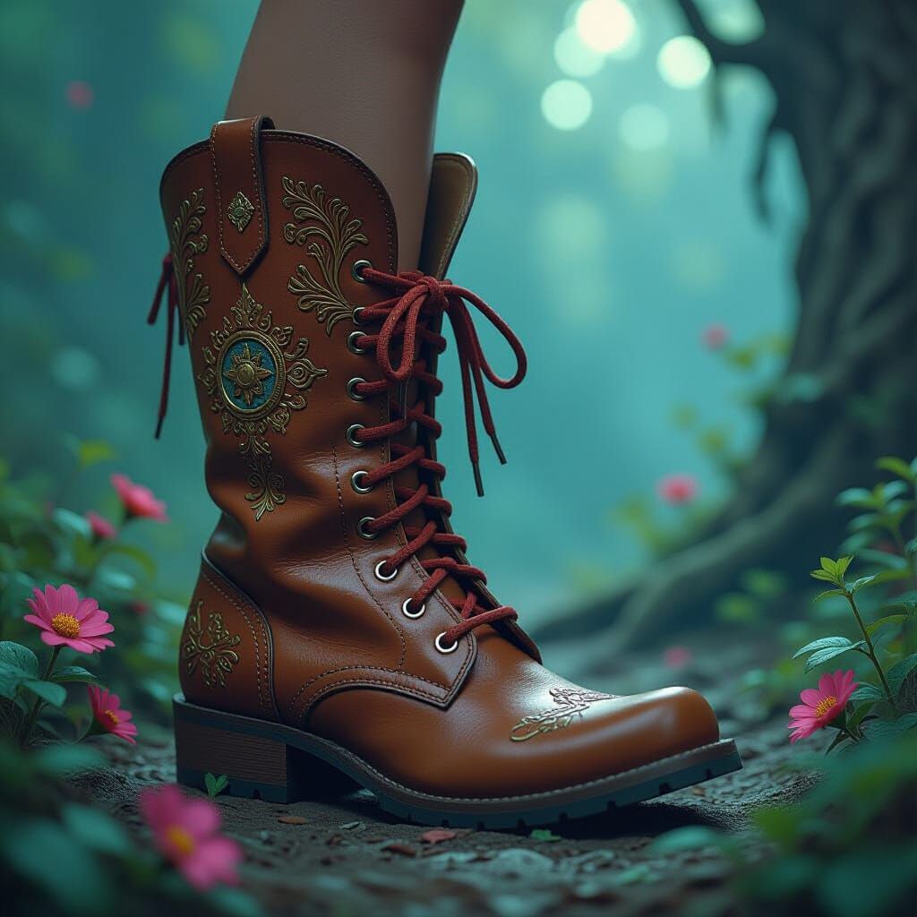 Ornate Boots in Dreamlike Fantasy Landscape