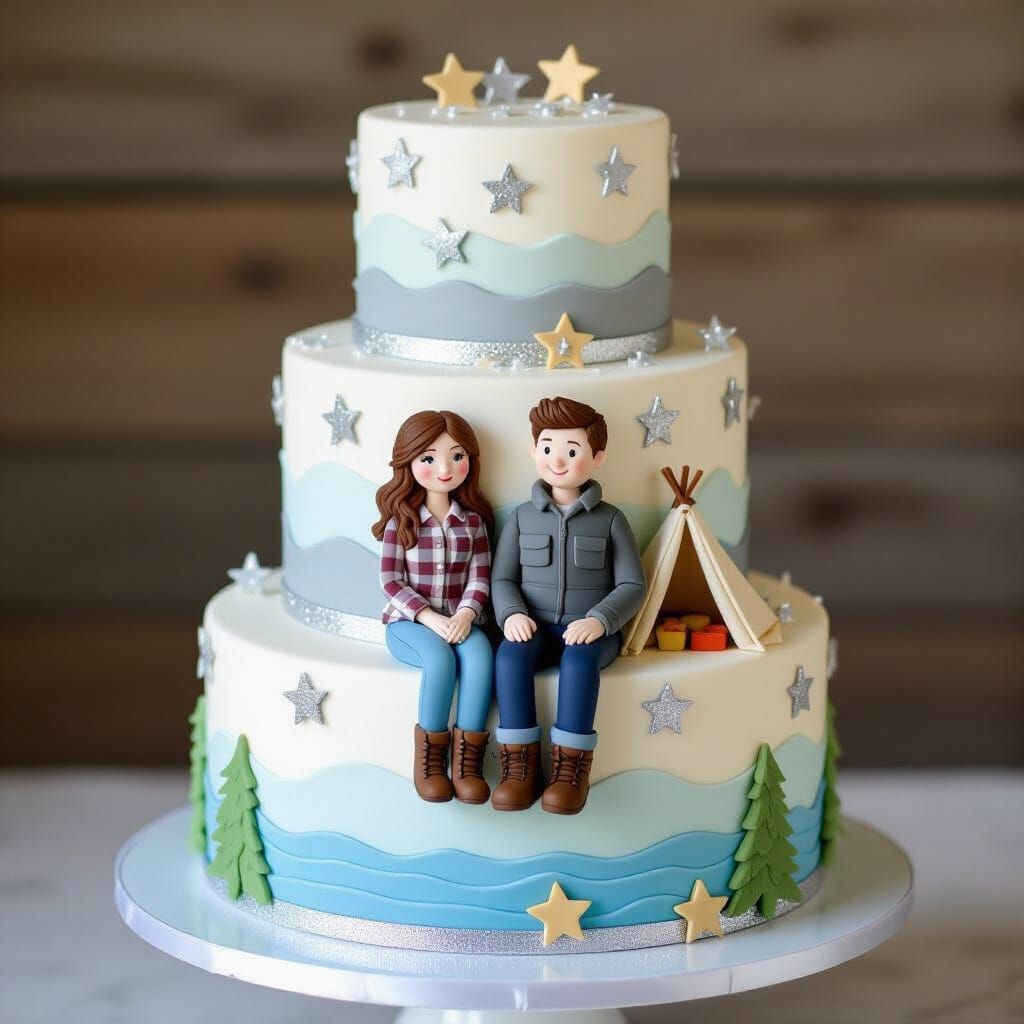 Whimsical Camping Cake Design with Celestial Accents