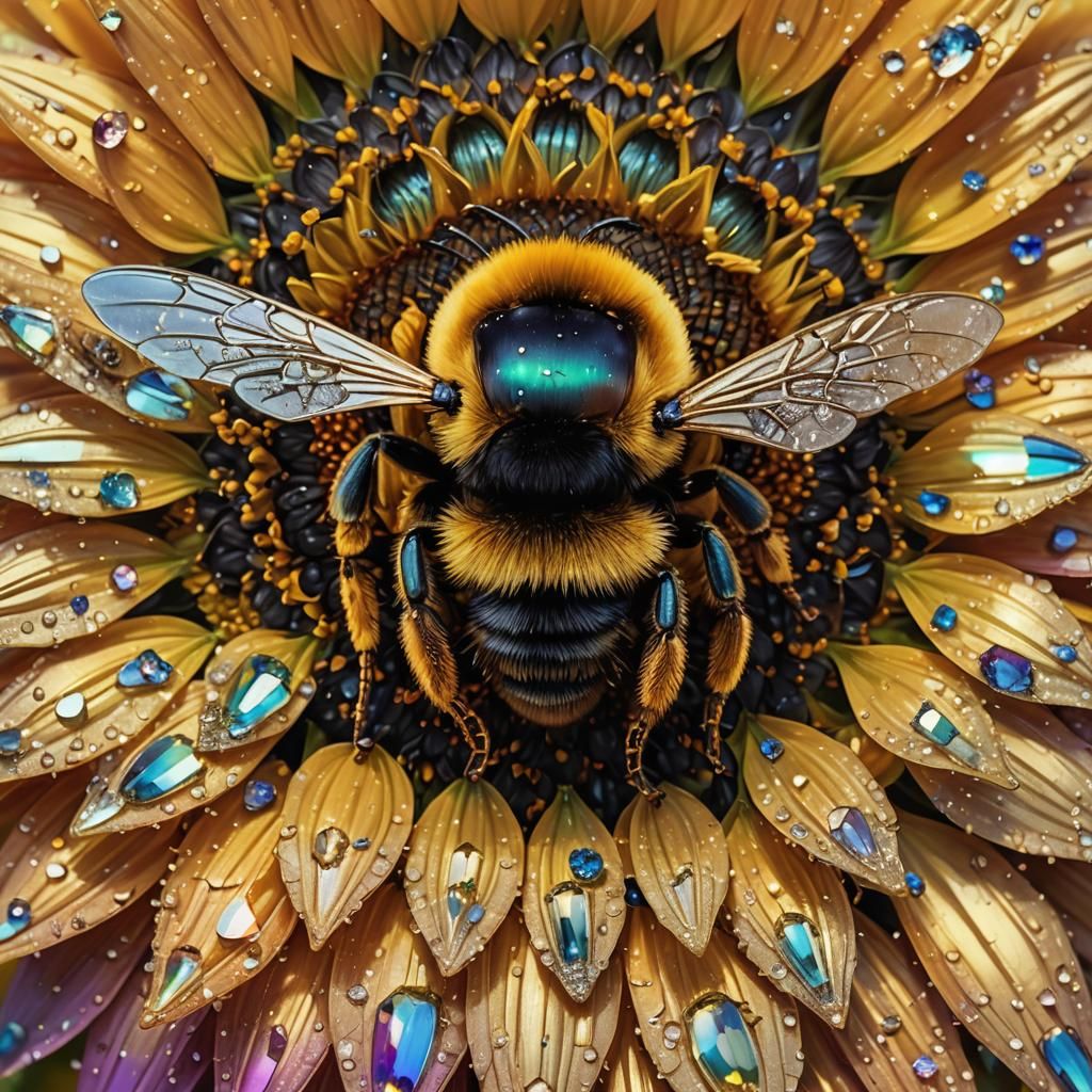 Diamond Bumble Bee on Rainbow Sunflower: Digital Art