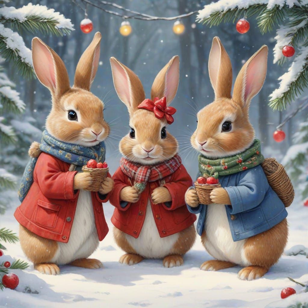 Merry Christmas Rabbits in a Whimsical Winter Wonderland
