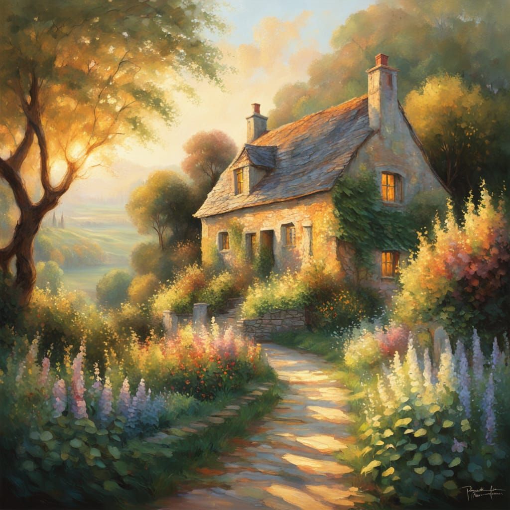 Impressionistic Cottage Scene with Warm Sunset Hues