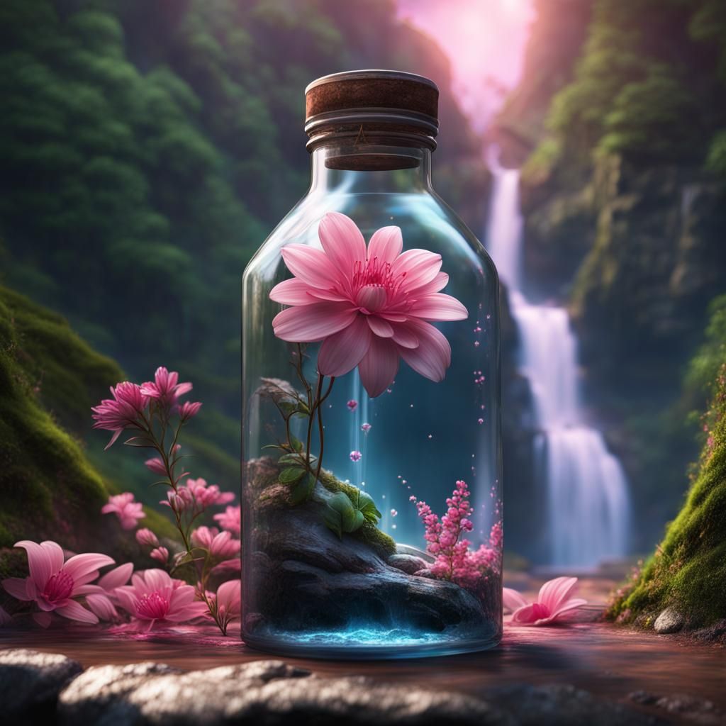 Waterfall in Bottle with Pink Flower, Detailed Matte Paintin...