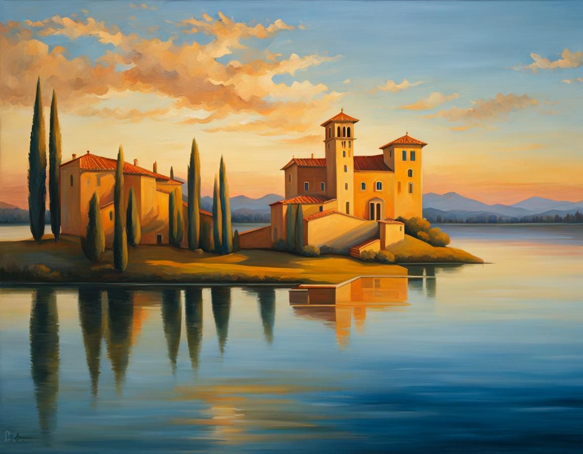 Tuscan Lake House at Sunset in Renaissance Style
