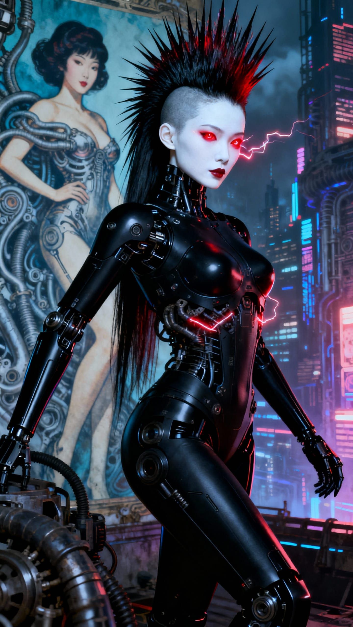Gothic Pinup Gynoid in Cyberpunk Cityscape