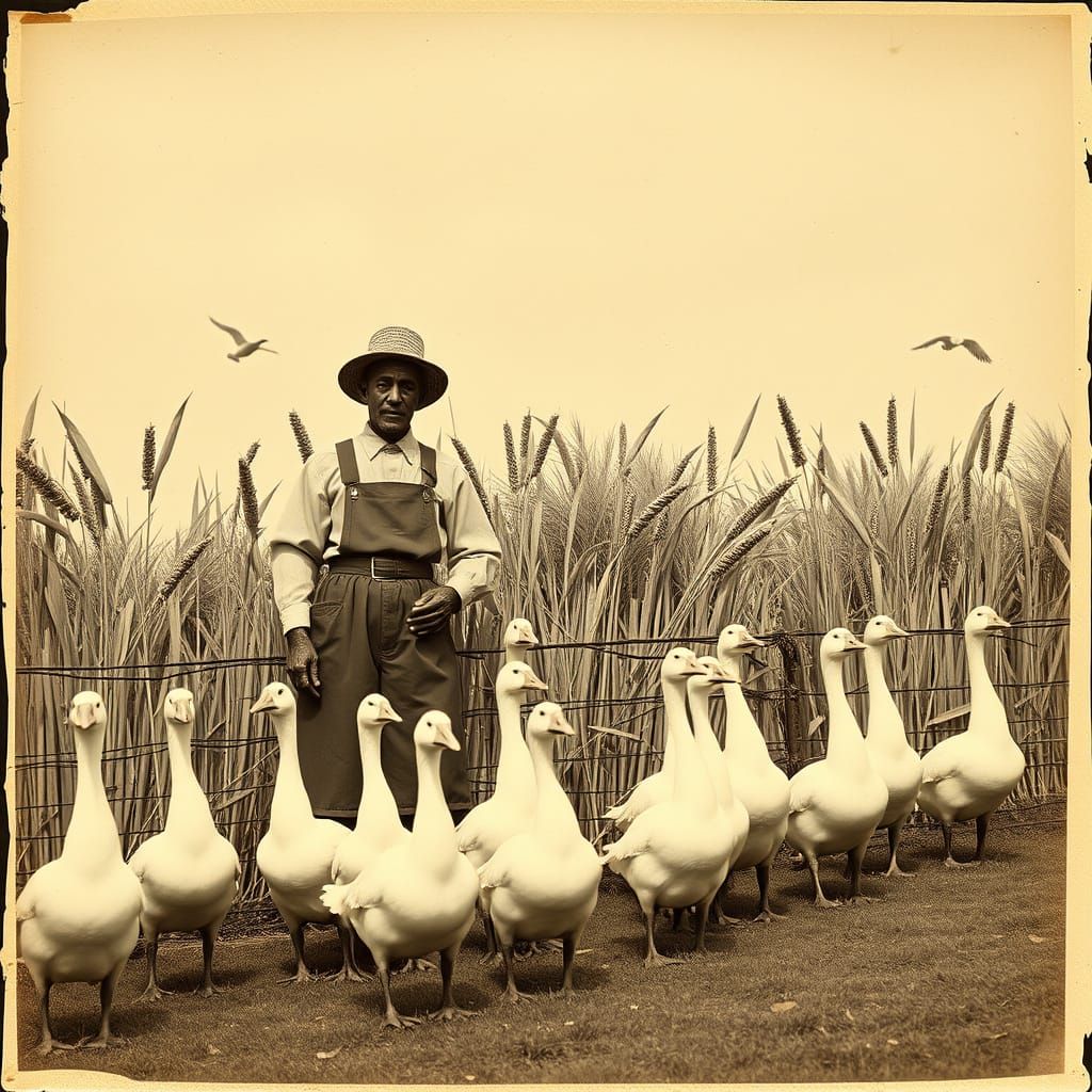 Vintage Sepia Folkloric Robots Amidst Geese and Reed Fence