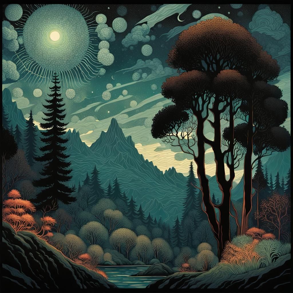 Scenic Night Landscape with Mountains and Trees