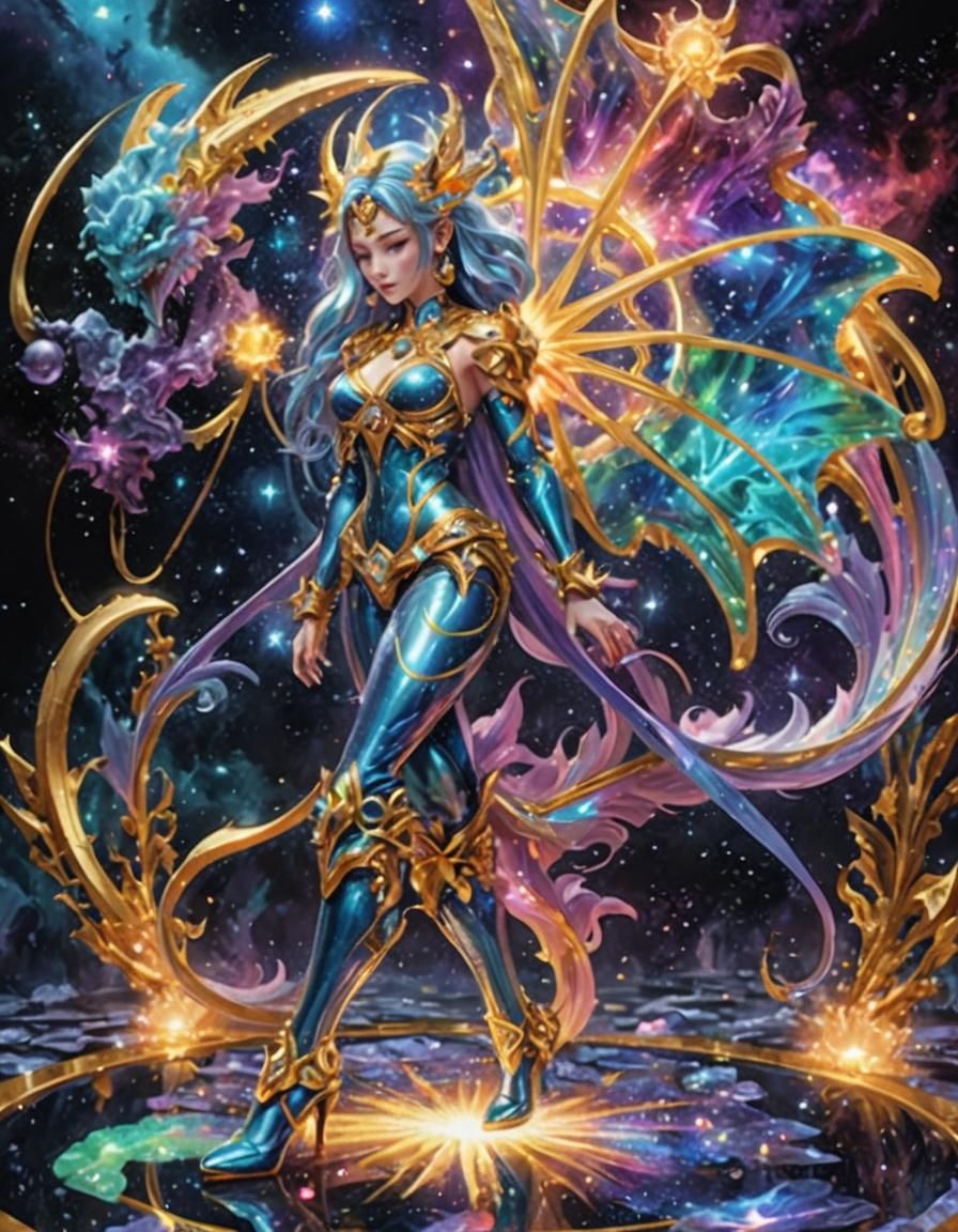 Rainbow Chimera Girl with Robot Skeleton in Anime Style