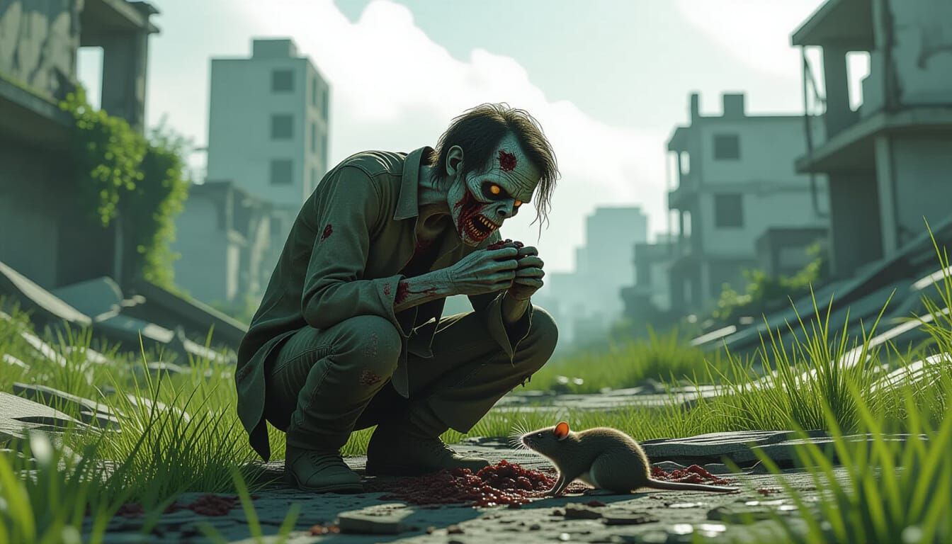 Photorealistic Zombie Eating Rat in Overgrown Ruined City