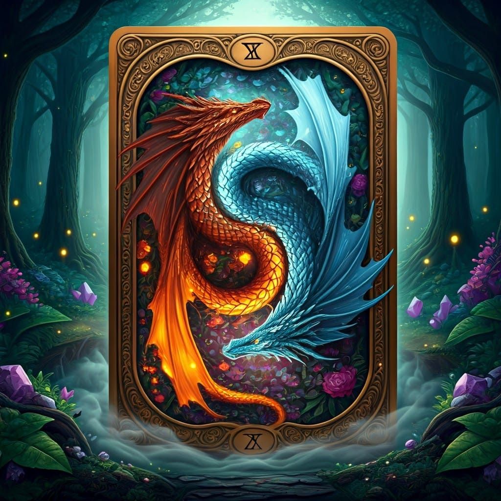 Intertwined Dragons: 'The Lovers' Fantasy Tarot Card