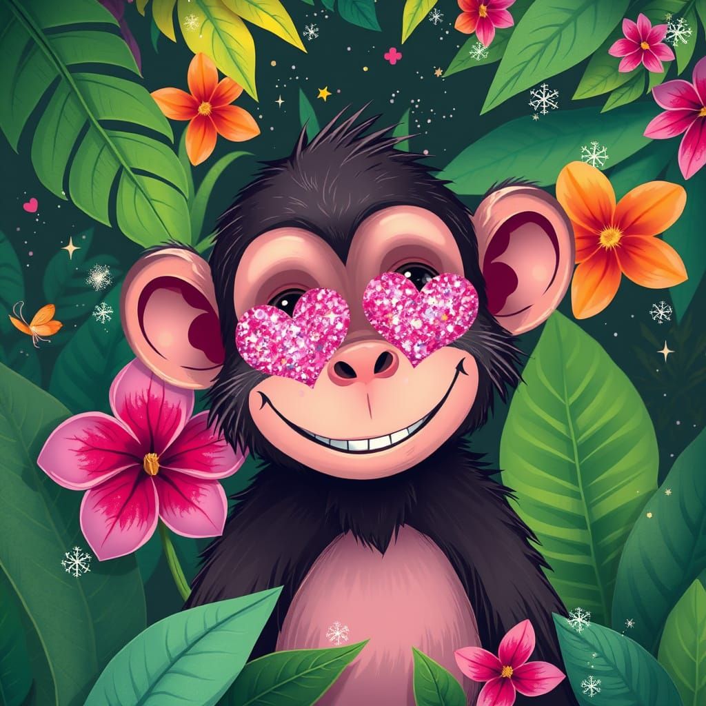 Whimsical Monkey with Glittering Hearts and Tropical Blooms