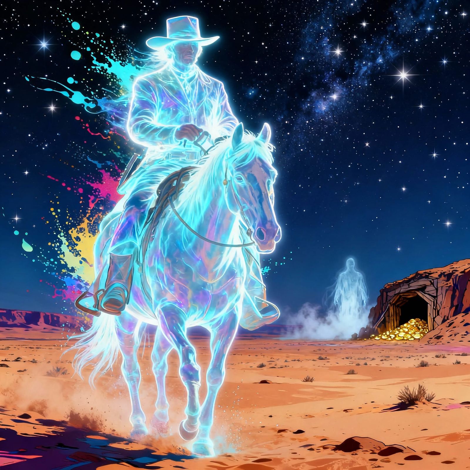 Spectral Cowboy Rides Phantom Horse Through Starlit Desert