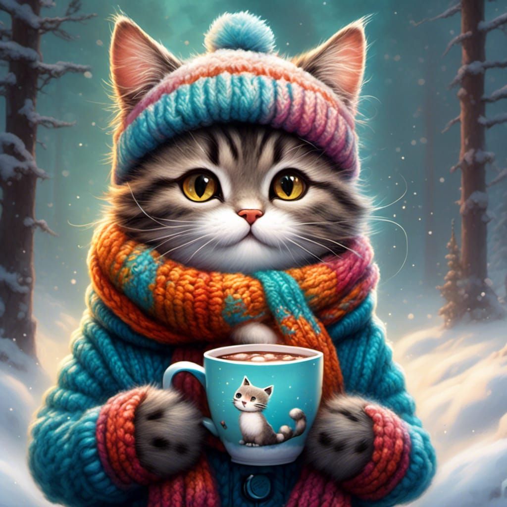 Kawaii Cat Sipping Hot Chocolate in Snow