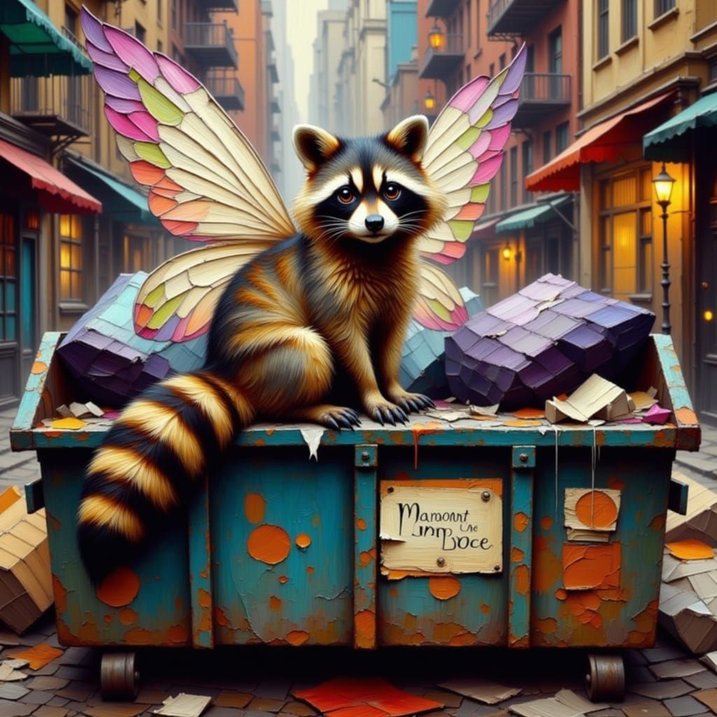 Whimsical Raccoon Fairy in Urban Grime