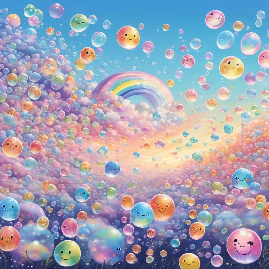 Rainbow Bubbles with Animals and Fairy in Pastel Sky