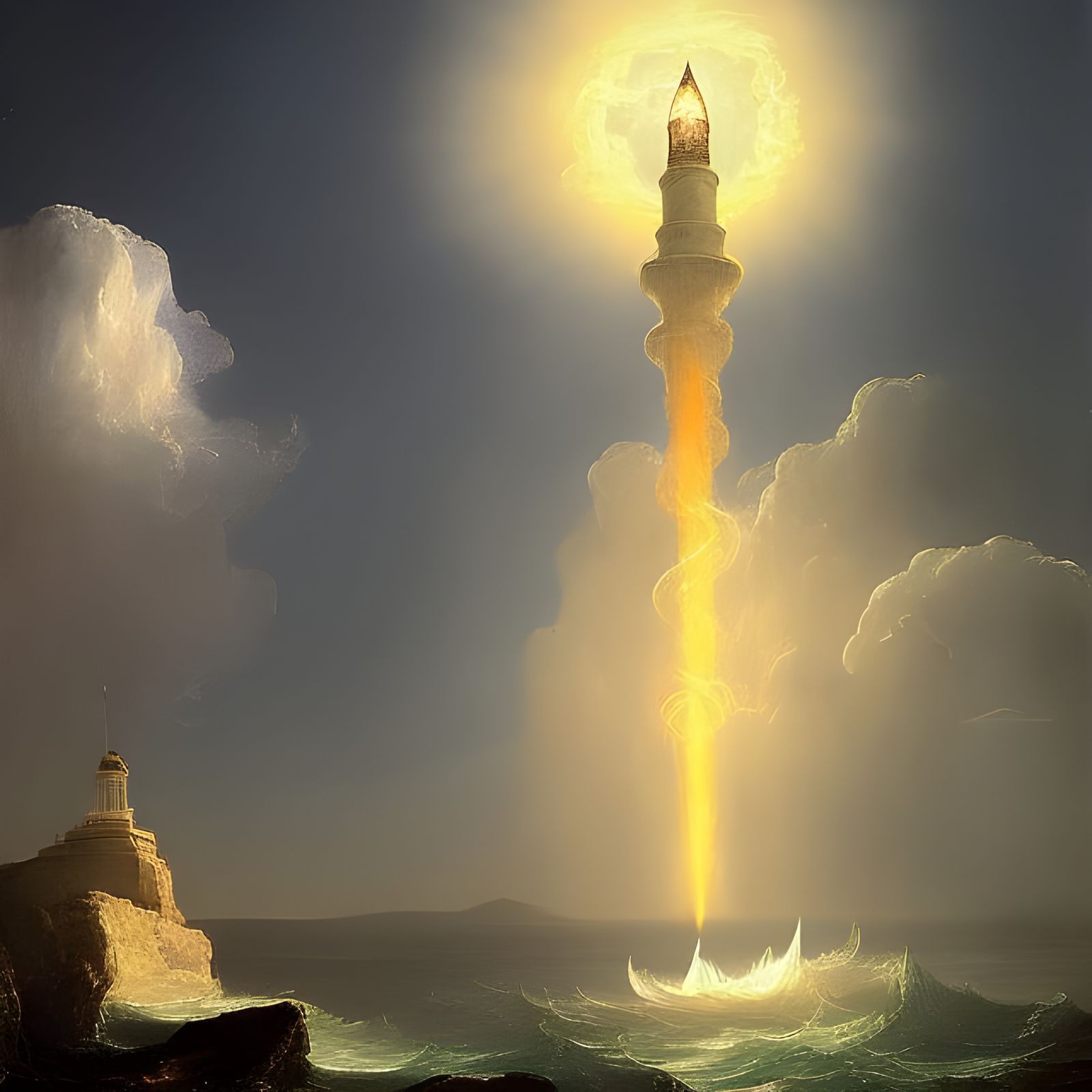 Ornate Tower Beacon Over Ocean, Thomas Cole Style
