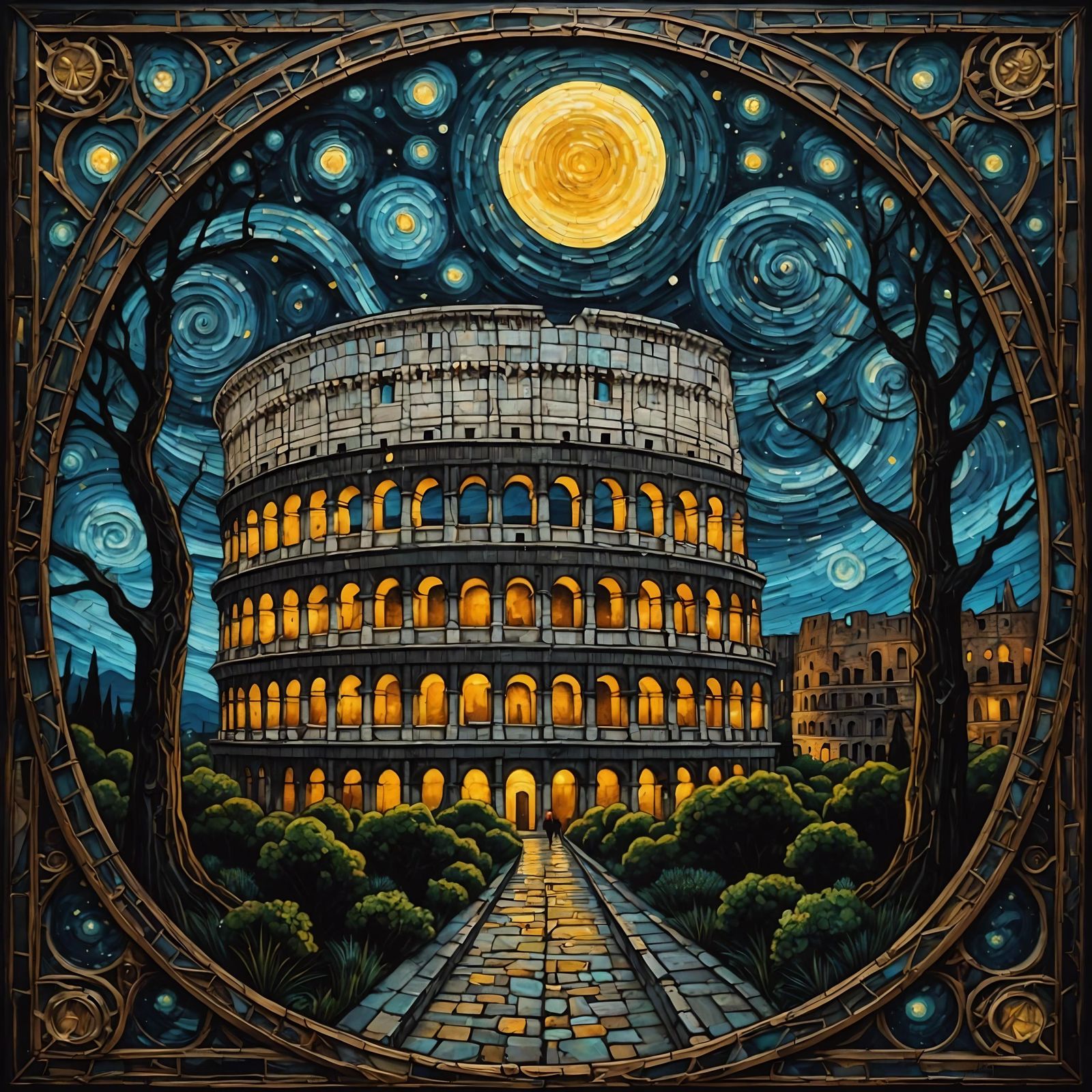 Colosseum in Starry Night, Vintage Oil Painting