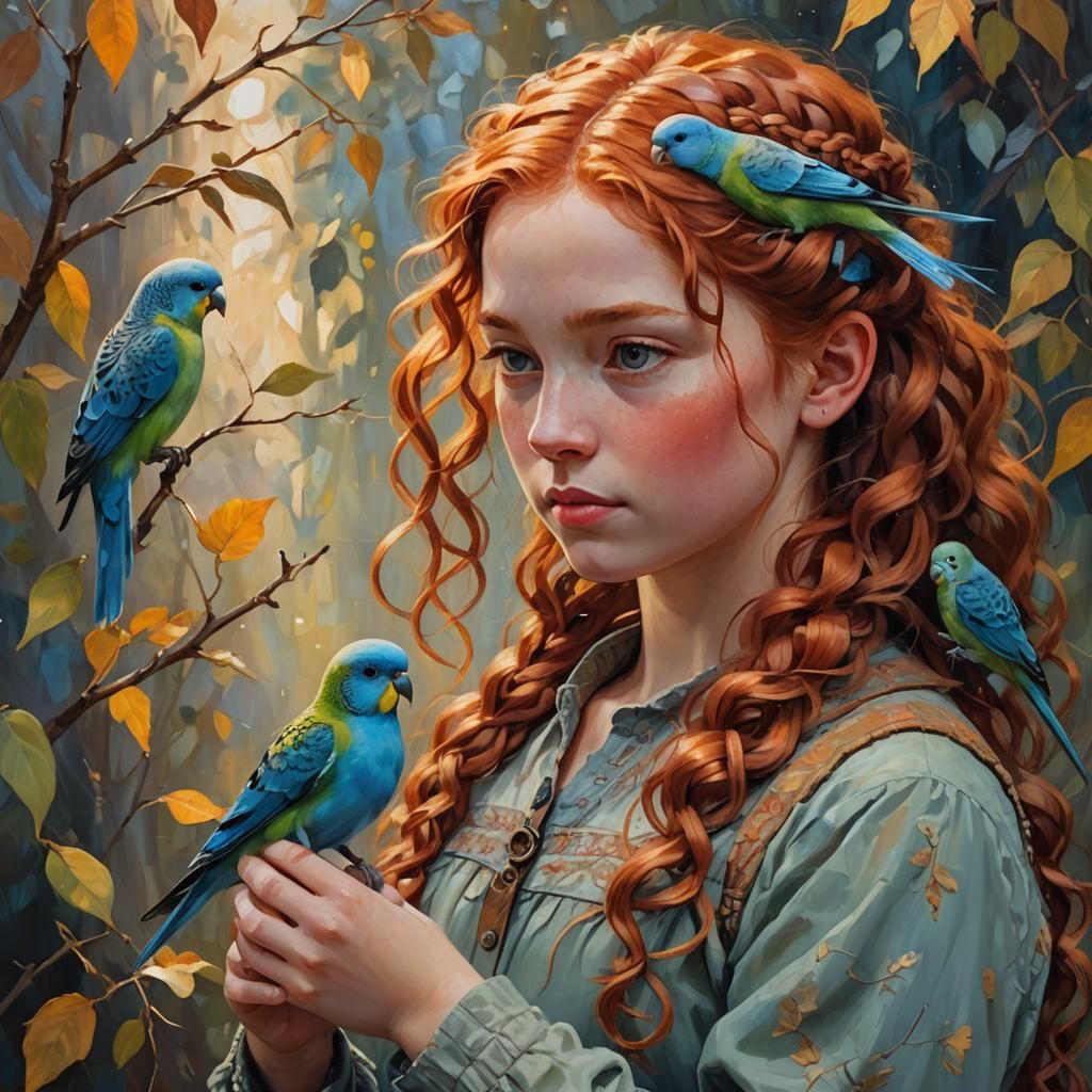 Girl with Budgerigar: Impressionist Oil Painting