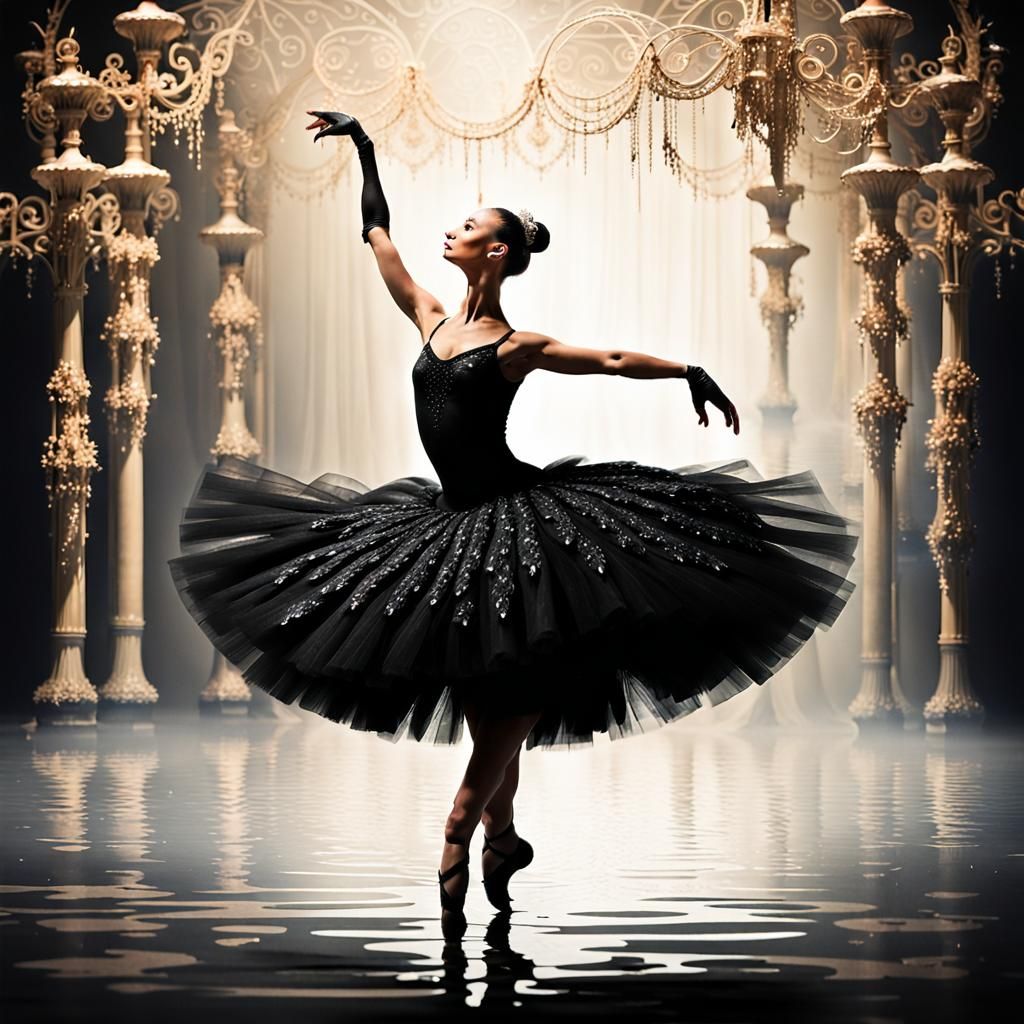 A ballerina dancing the balck swan inthe swan lake wearing a...