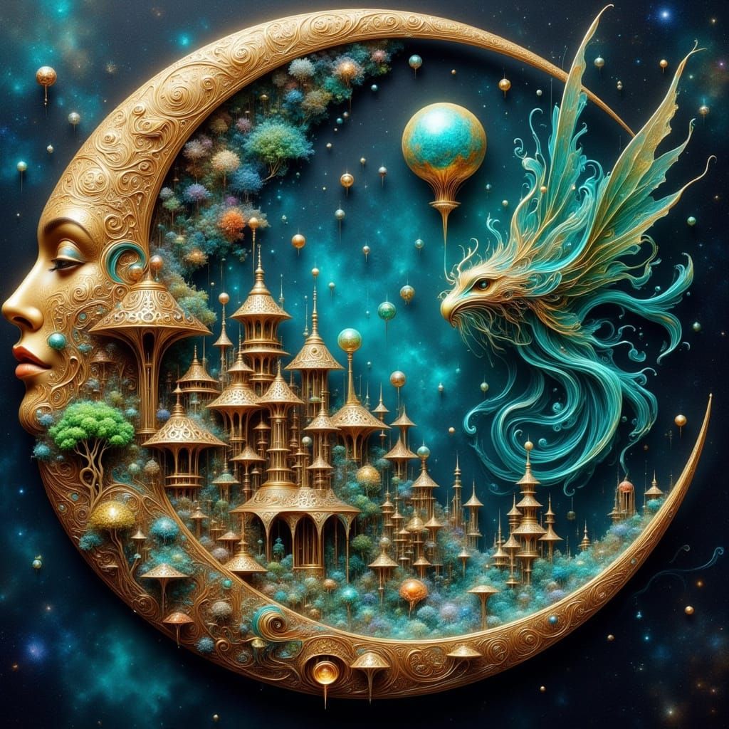 Bronze Crescent Moon City in Mystical Realism