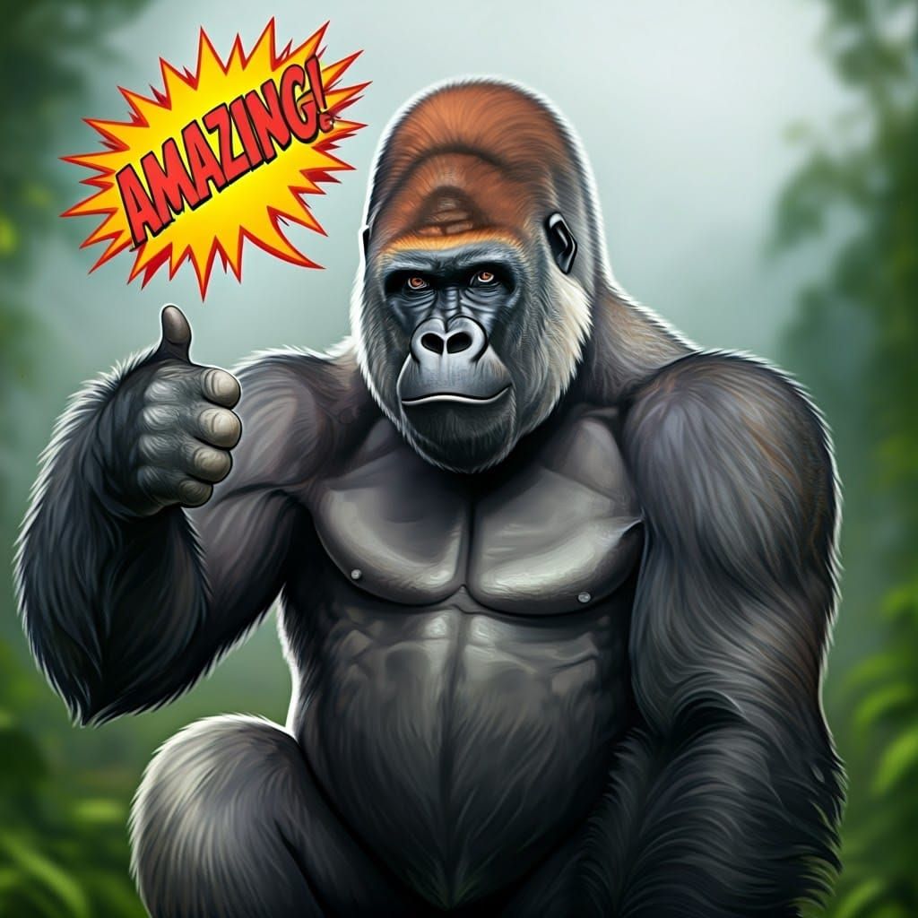 Majestic Gorilla Gives Thumbs Up in Vibrant Jungle Scene
