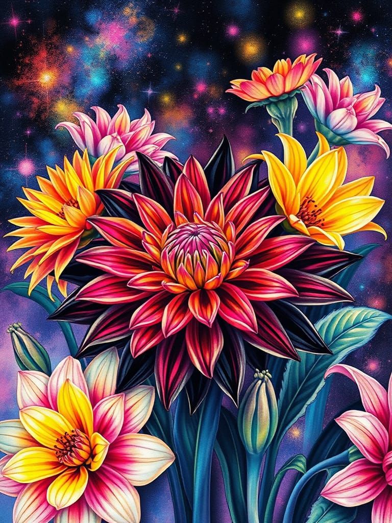 Vibrant Dahlia in Neon-Lit Cosmos