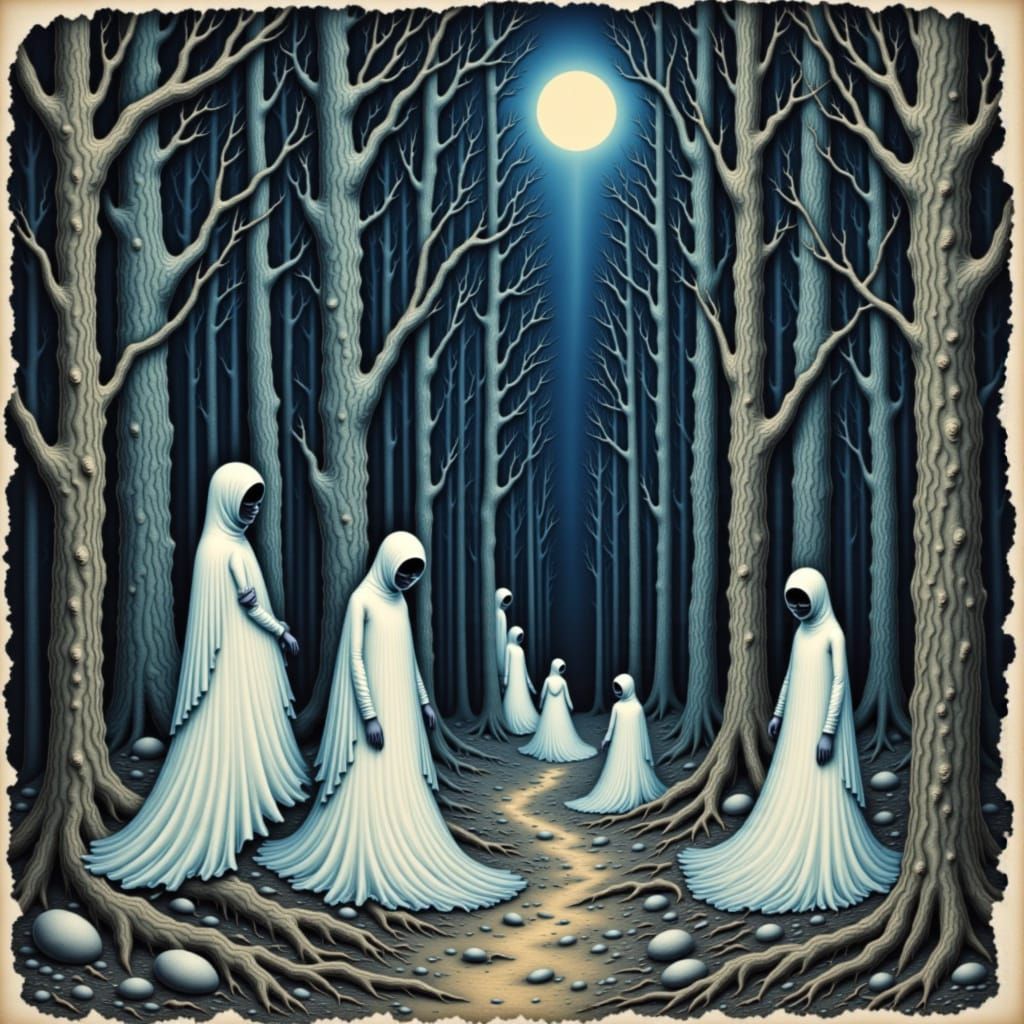 Ethereal Watercolor Ghosts in Haunted Forest