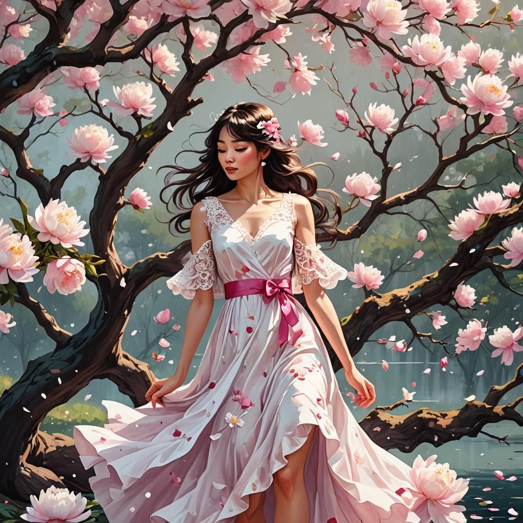 Woman Under Peony Tree in Vibrant Watercolor