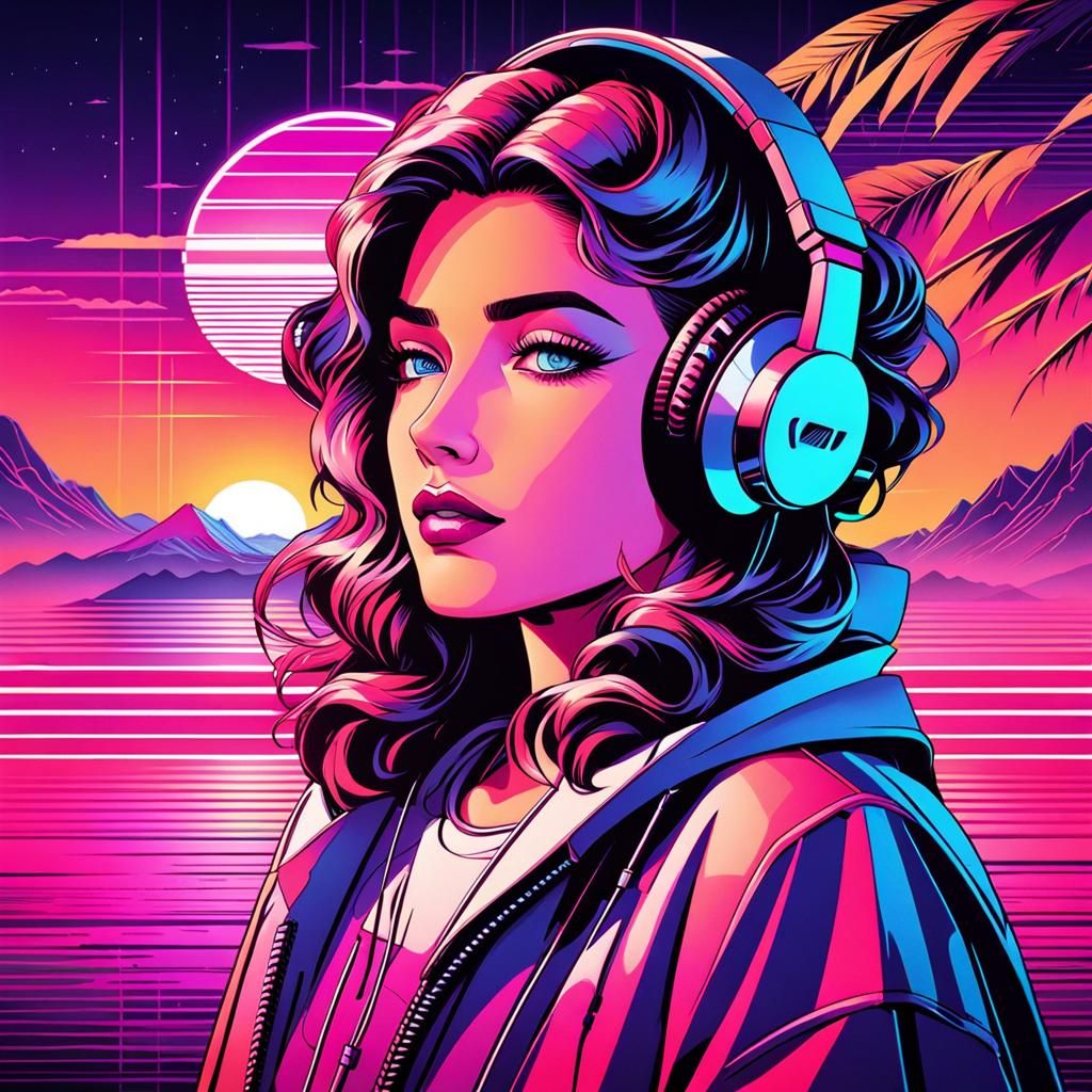 Girl in Vaporwave Headphones with Neon Sunset