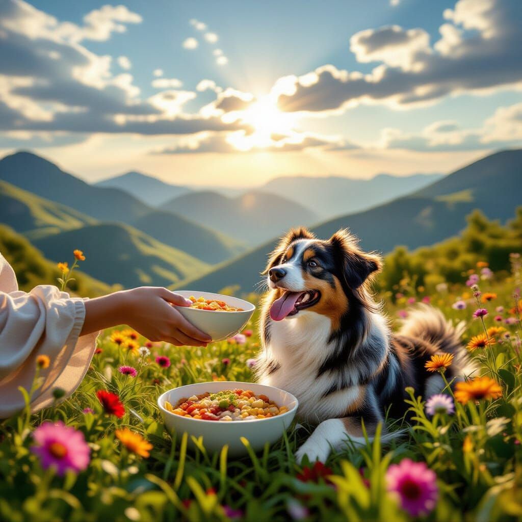 Divine Hand Serves Happy Dog in Lush Landscape