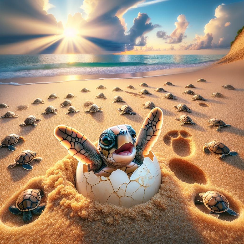 Tiny Sea-Turtle Hatchlings Emerge from Egg in a Sunny Dune L...