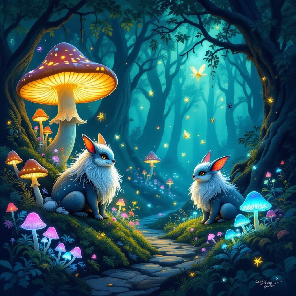 Enchanted Forest With Whimsical Creatures and Glowing Flora