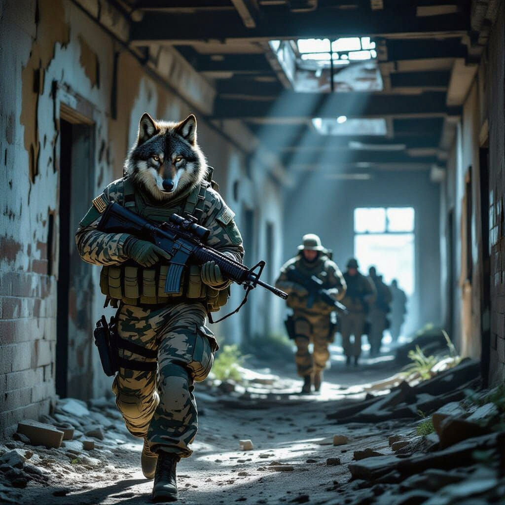 Wolf Commander Leads Troops into Dark Building