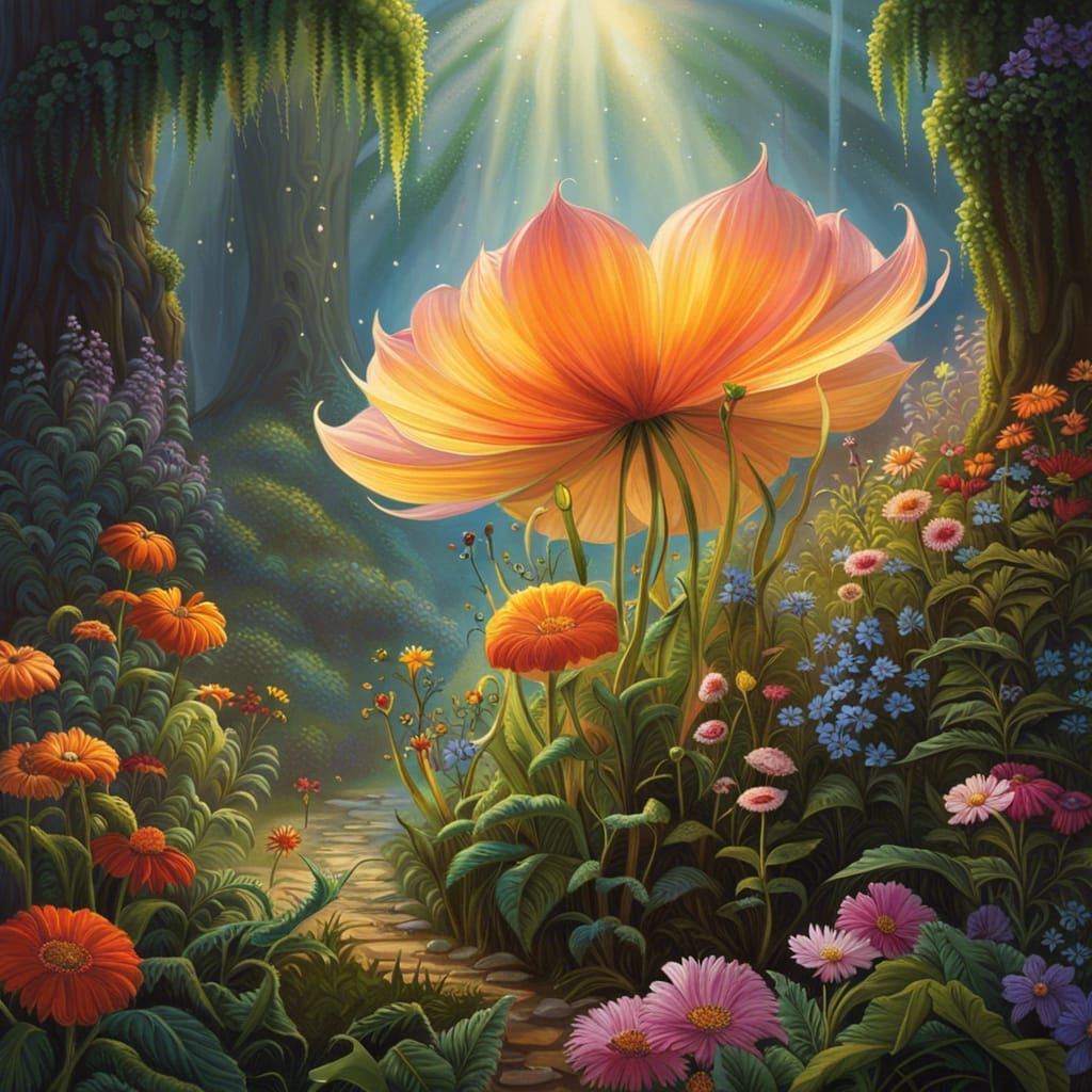 Fairy and Giant Flower in Enchanted Forest